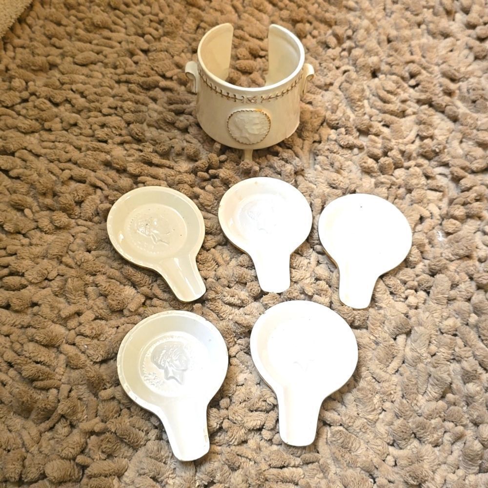 Vintage Ceramic Set‎ of 5 Julius Caesar Personal Ashtrays in Footed Holder Cream